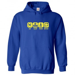 Eat Sleep Train Repeat Kids and Adults Athletic Outfit Pull Over Hoodie for Gym Lovers and Fitness Enthusiast